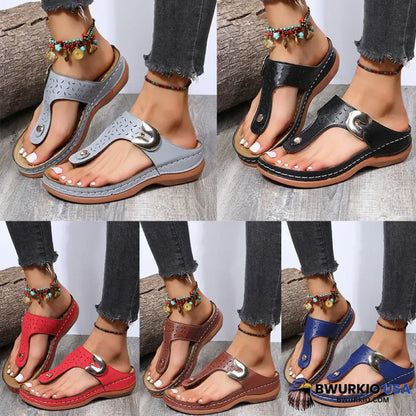 2023 Summer New Women Metal Decor Feature Pattern Wedge Flip Flop