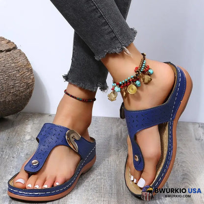 2023 Summer New Women Metal Decor Feature Pattern Wedge Flip Flop Blue / 5.5