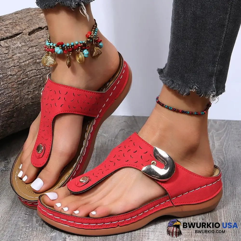 2023 Summer New Women Metal Decor Feature Pattern Wedge Flip Flop Red / 5.5