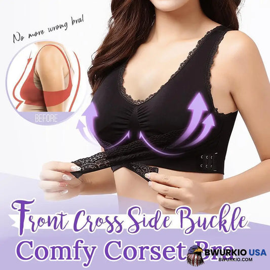 Comfy Corset Bra - Front Cross Side Buckle Wireless Lace Business & Industrial