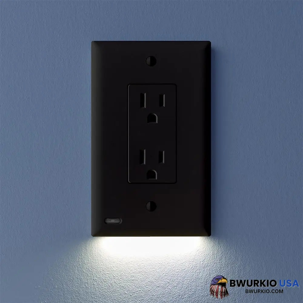 Outlet Wall Plate With Led Night Lights-No Batteries Or Wires [Ul Fcc Csa Certified] Décor / Black